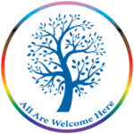 The UCS blue tree surrounded by a circle of rainbow, pink, blue, black, and brown colors. There is text under the tree that says "All Are Welcome Here"