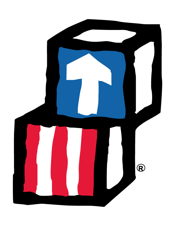 The Head Start logo. Two wooden play blocks stacked on top of each other. The bottom one is white with red strips and the top one is blue with a white arrow pointing up.
