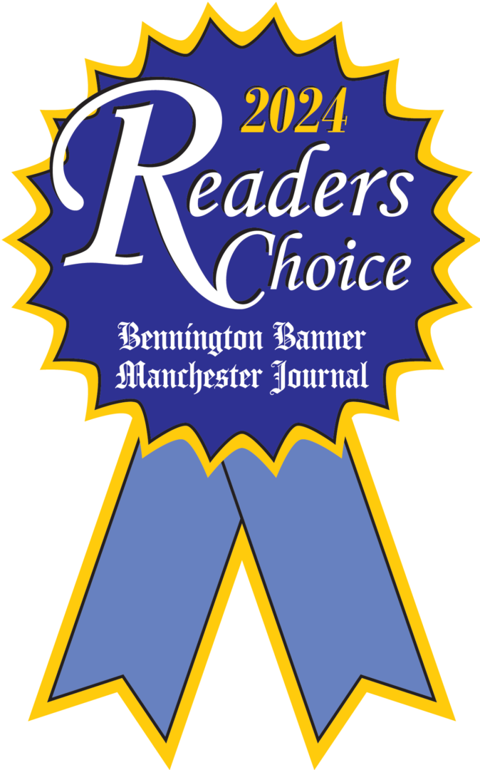 Blue Ribbon with gold border that reads "2024 Readers Choice Bennington Banner Manchester Journal"
